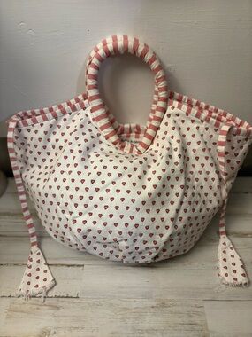 Roller Rabbit Pink Heart Canvas Tote with Striped Handles